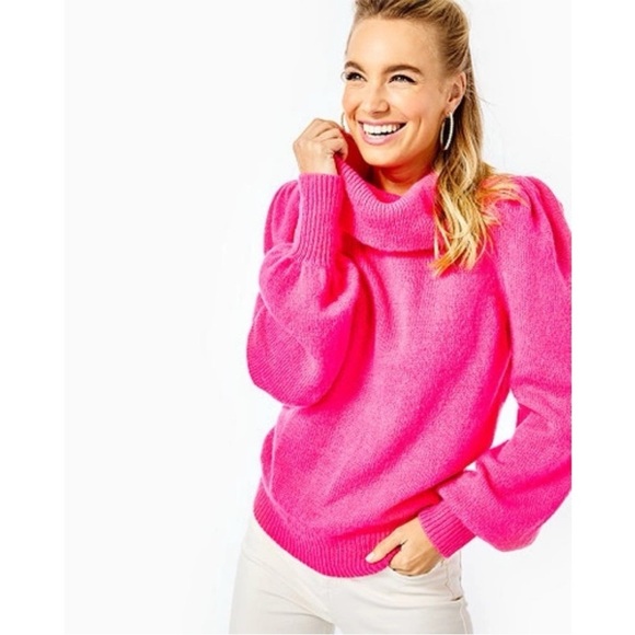 Lilly Pulitzer COURTLAND SWEATER Pink Topaz Puff Sleeve Cowl Neck Sz S - Picture 1 of 13